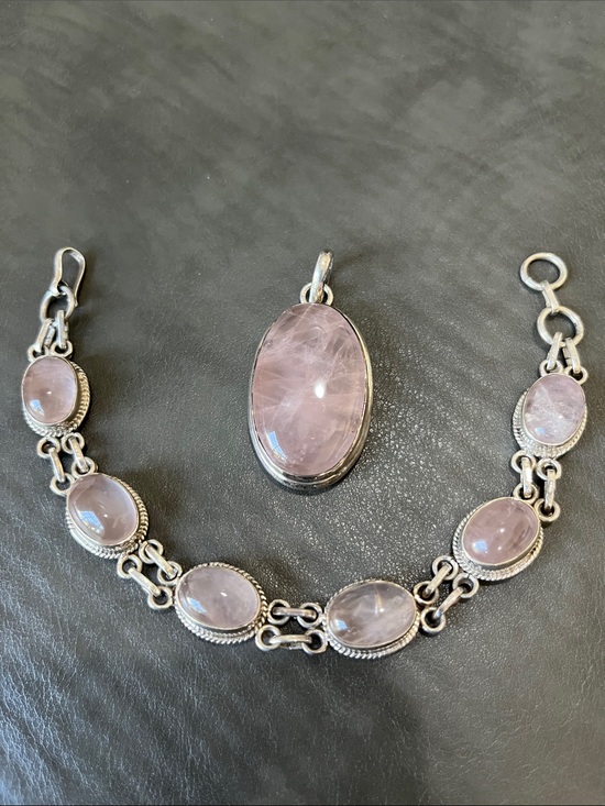925 Sterling Silver Jewelry - Sterling Silver Rose Quartz Bracelet with Matching Pendant - Pink